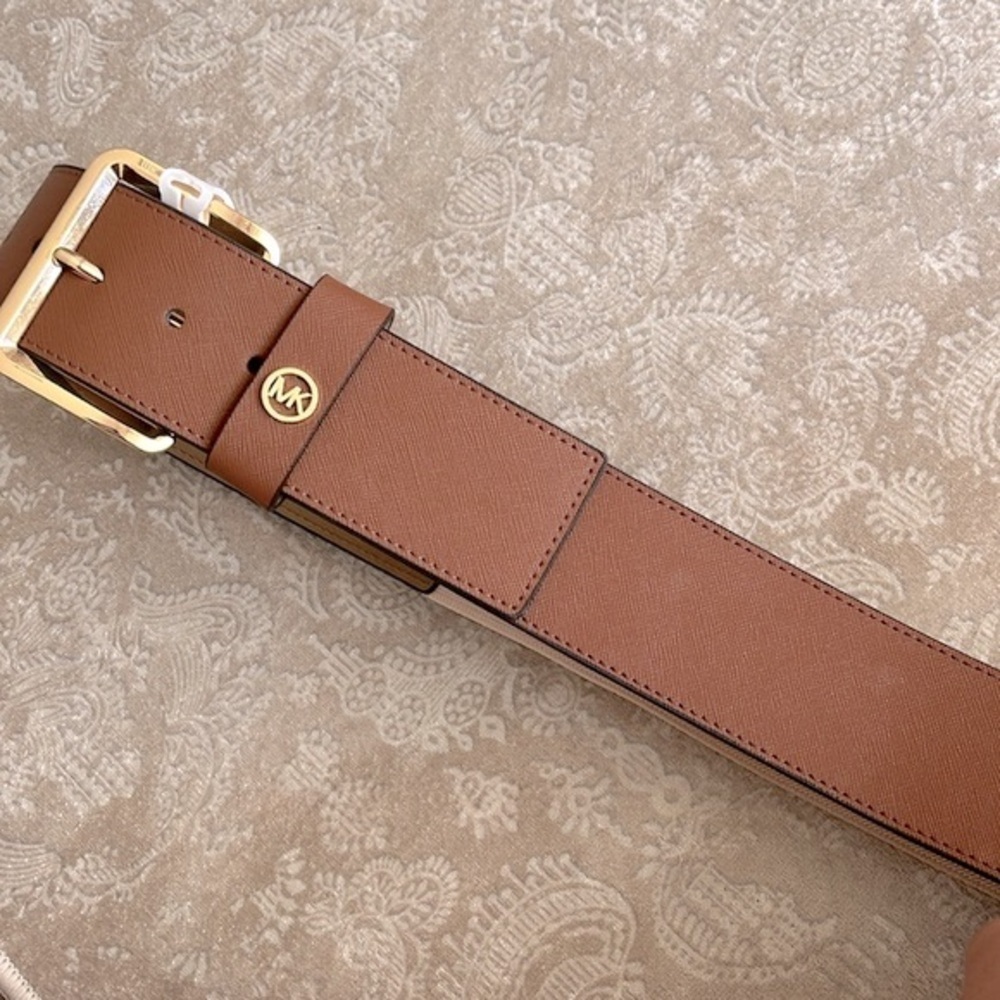 Brand New Michael Kors Genuine Leather Wide Strap Belt Elastic Stretch Cognac - Picture 7 of 15